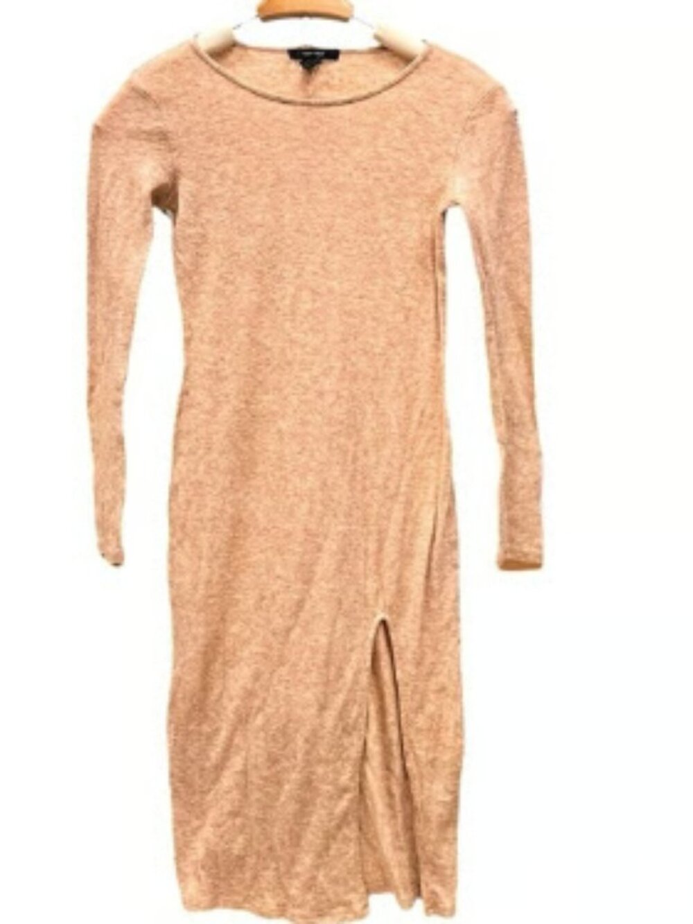 Forever 21 Nude/Peach RIbbed Knit Midi Sweater Dress Slit Long sleeve Bodycon SM